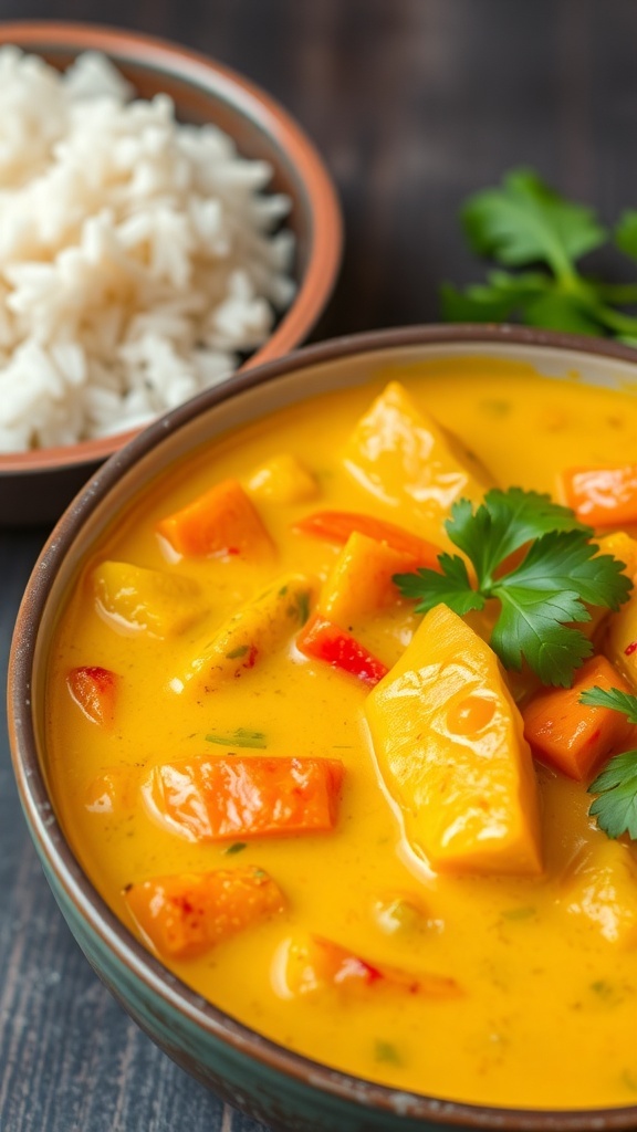 A bowl of yellow curry with vegetables and cilantro, served with rice.